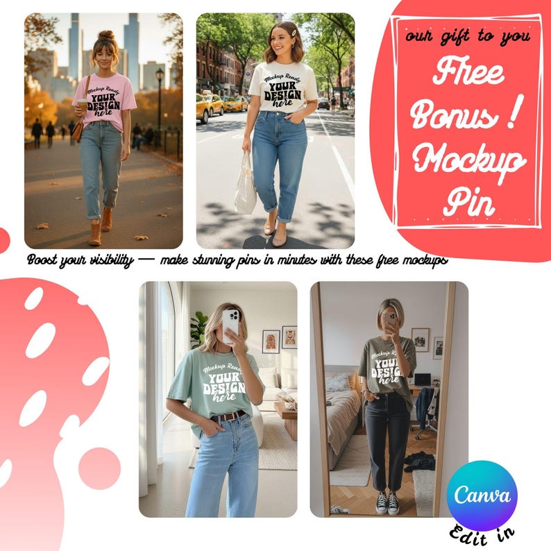 May include: A collection of images showcasing t-shirts with the text "YOUR DESIGN HERE" in various settings. The images are accompanied by text that reads "Boost your visibility - make stunning pins in minutes with these free mockups" and "Free Bonus! Mockup Pin."
