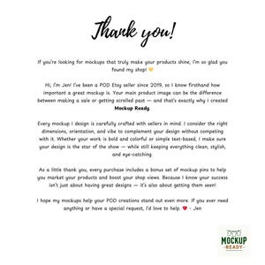 May include: A white background with black handwritten text that says "Thank you!" and a message about mockups. The text also mentions "Mockup Ready" and a logo. The message is from Jen.