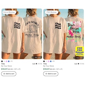 Ivory CC1717 front & back tshirt mockup with a female model on a beach. Perfect for a bachelorette party or summer girls trip, showcasing a tshirt design.