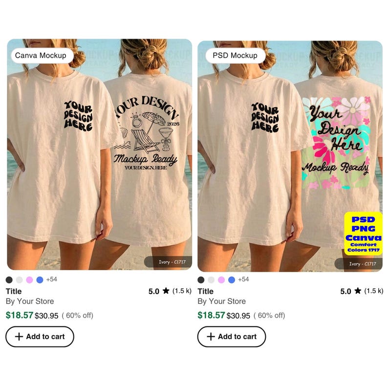 Ivory CC1717 front & back tshirt mockup with a female model on a beach. Perfect for a bachelorette party or summer girls trip, showcasing a tshirt design.