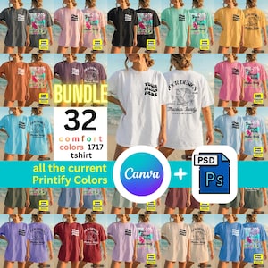 Könnte beinhalten: Eine Sammlung von 32 Comfort Colors T-Shirts in verschiedenen Farben, mit Designs auf Vorder- und Rückseite. Das Bild enthält den Text "BUNDLE 32 comfort colors 1717 tshirt" und Logos für Canva, PSD und Ps.