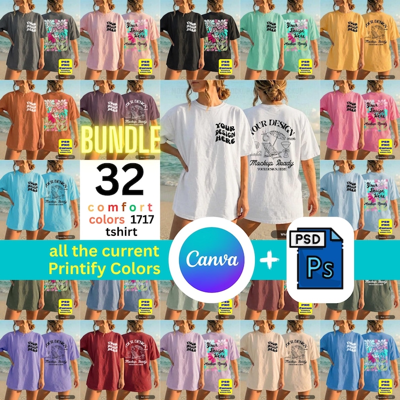 32 Comfort Colors 1717  Front & Back T-shirts mockup worn by a Women Model in the beach with sunset lighting, perfect for showcasing a shirt design for POD sellers. Included colors are White, Crunchberry, Blossom, Navy, Royal Caribe, Blue Jean, Chalky Mint, Chambray, Lagoon Blue, Seafoam, Moss, Island Reef, Light Green, Bay, Burnt Orange, Butter, Citrus, Melon, Ivory, Espresso, Black, Pepper, Brick, Berry, Orchid, Red, Blue Spruce, Hemp, Midnight, True Navy, Violet, and Yam