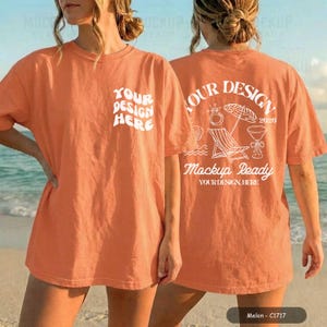 Melon CC1717 front & back tshirt mockup with a female model on a beach. Perfect for a bachelorette party or summer girls trip, showcasing a tshirt design.