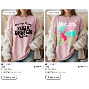 May include: Two pink t-shirts are displayed. The left shirt has the text "Mockup Ready YOUR DESIGN here" in black. The right shirt features a floral design with pink, teal, and green flowers. Both shirts are worn with a cream-colored jacket.