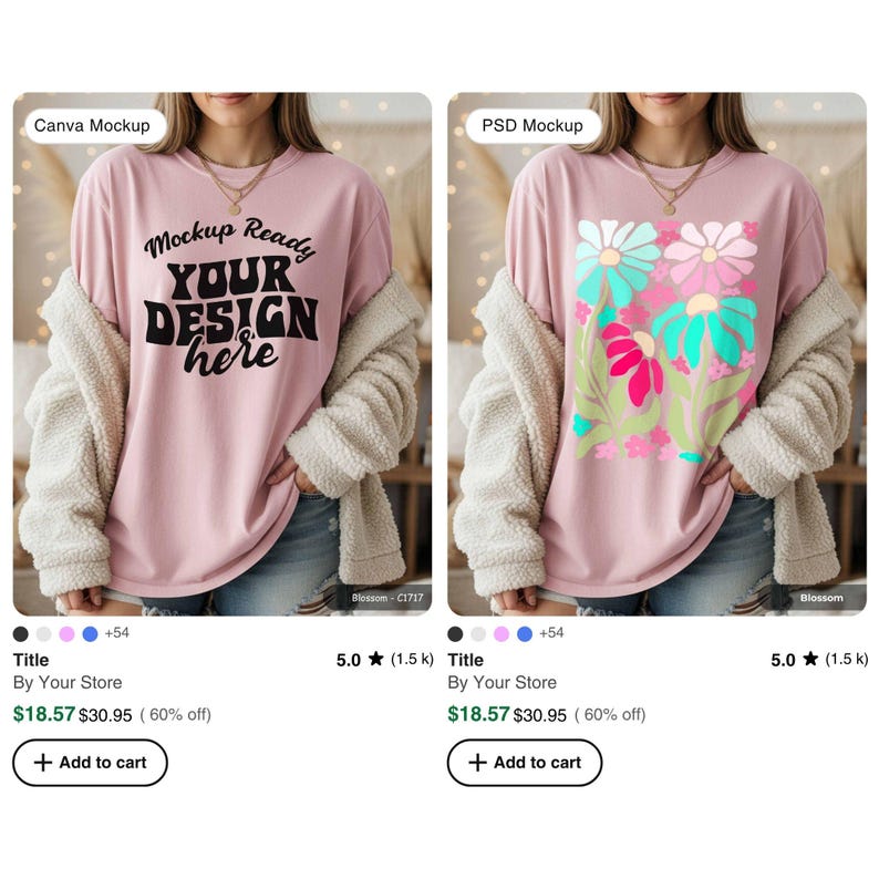 May include: Two pink t-shirts are displayed. The left shirt has the text "Mockup Ready YOUR DESIGN here" in black. The right shirt features a floral design with pink, teal, and green flowers. Both shirts are worn with a cream-colored jacket.