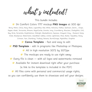 May include: A white graphic with the text "what's included!" and a list of features, including 54 Comfort Colors PNG images, a Canva template, and a PSD template. The image is for mockups.