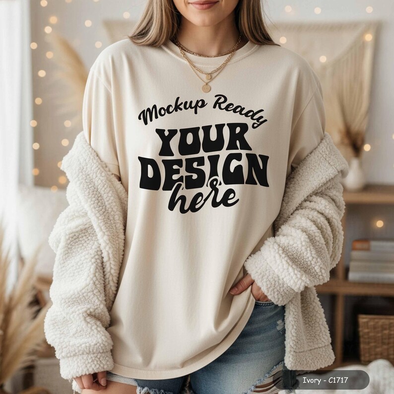 Comfort Colors 1717 t-shirt mockup female model cozy flat lay for apparel brands