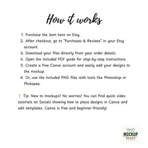 May include: White background with the text "How it works" in a cursive font. Instructions detail purchasing on Etsy, downloading files, and using Canva or PNG files for mockups. A tip for beginners is included.