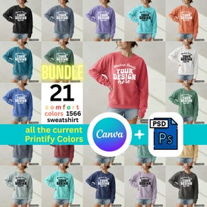 Lot de maquettes de sweat-shirt Comfort Colors 1566, col rond unisexe, modèle femme, modèles PSD + Canva