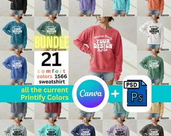 Comfort Colors 1566 Sweatshirt Mockup Bundle, Unisex Crewneck, Women’s Model, PSD + Canva Templates