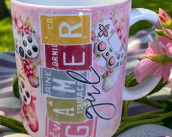 Gamer Girl Mug, White with Pink Floral Design