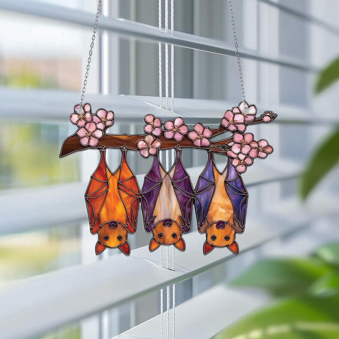 Cherry Blossom Bat Acrylic Suncatcher, Cute Bat Window Hanging, Sakura ...