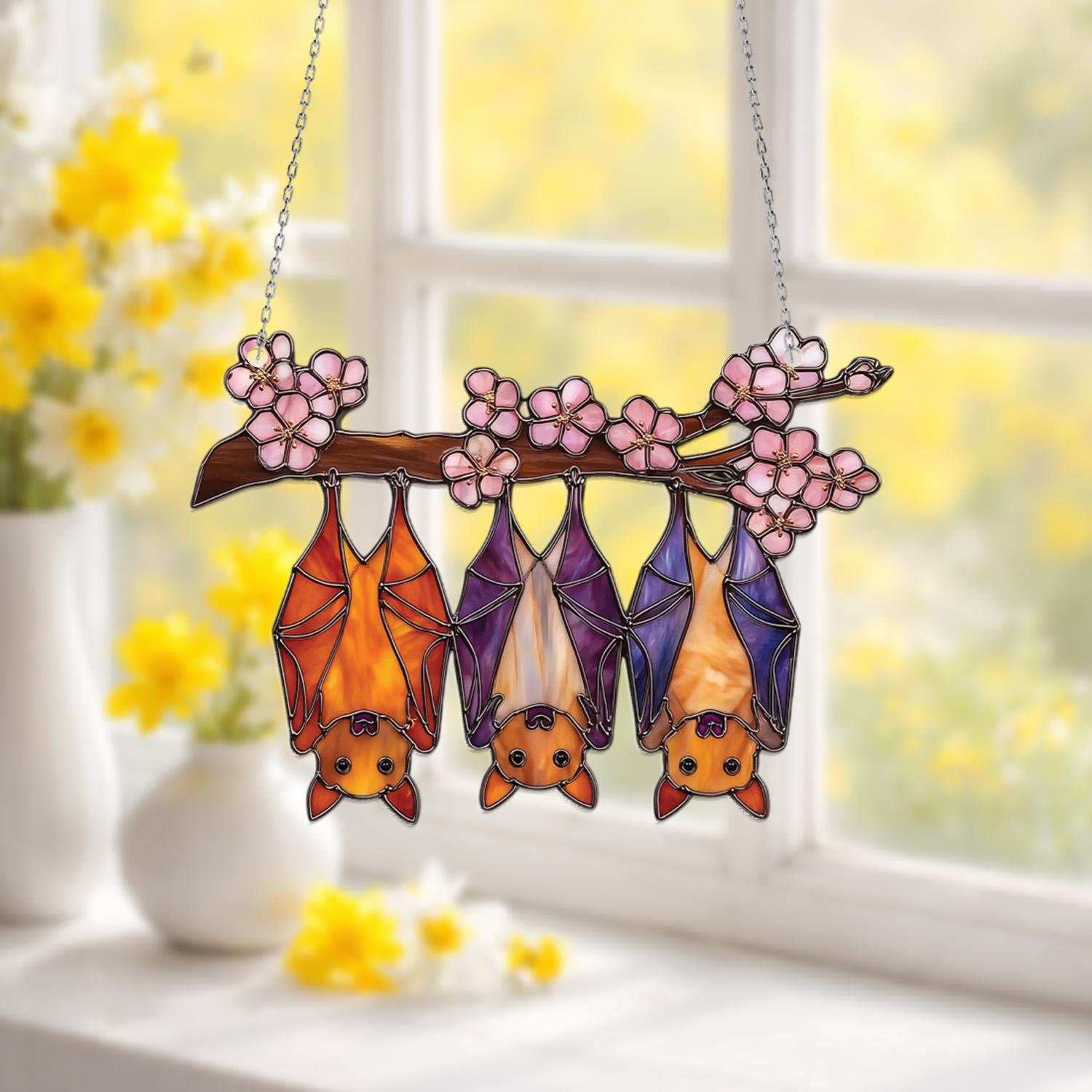 Cherry Blossom Bat Acrylic Suncatcher, Cute Bat Window Hanging, Sakura ...