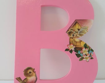 Letter B with Vintage Children's Book Illustration Pink