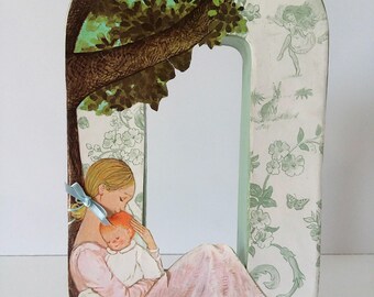 Letter O With Vintage Wallpaper and Vintage Book Illustration Mother and Baby