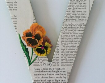 Letter V With Vintage Magazine Page and Pansy Illustration