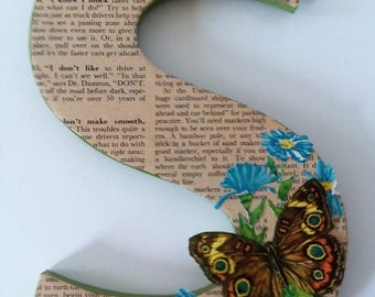 Letter S With Vintage Magazine Page and Butterfly Illustration