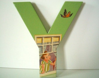 Letter Green Y With Vintage Book Illustration/ Boy in Window