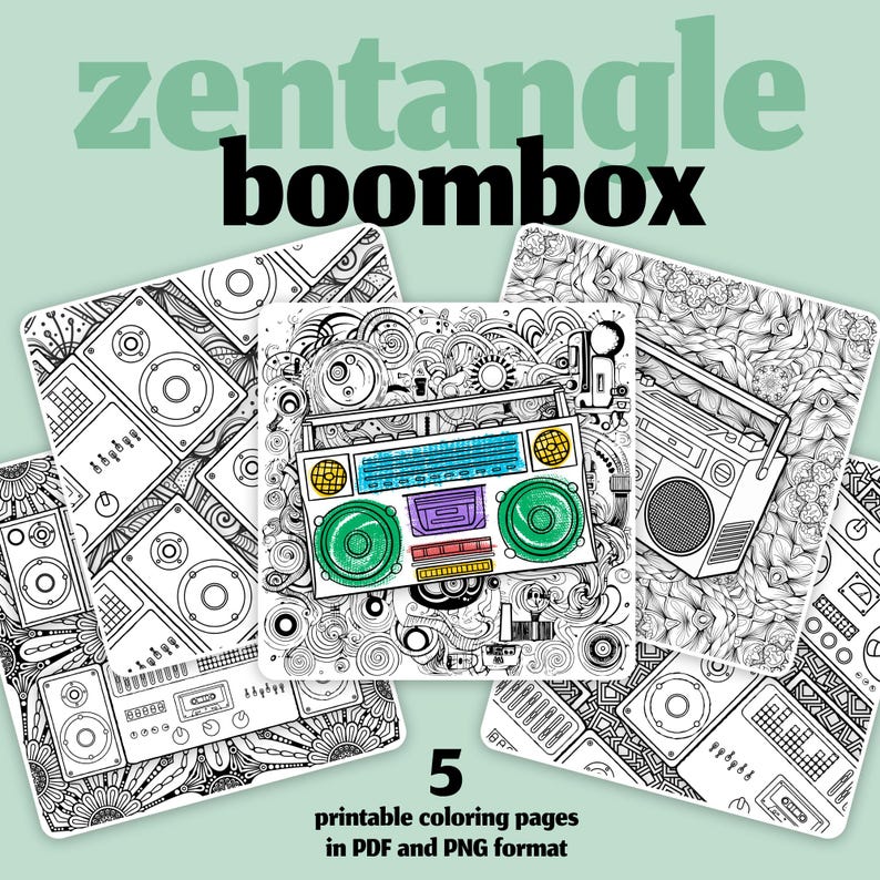 Boombox Coloring Pages: Zentangle Music Art (PDF + PNG Downloadable ...