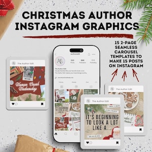 Puede incluir: Gráficos de Instagram con temática navideña para autores, con el texto "Christmas Author Instagram Graphics." La imagen muestra un teléfono con un perfil de Instagram y plantillas de carrusel. Estas plantillas están diseñadas para crear 15 publicaciones.