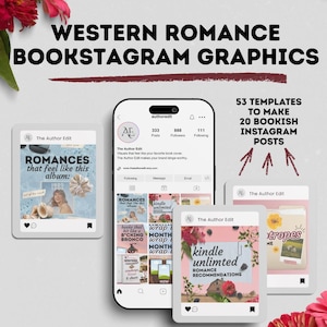 May include: A promotional image for Western Romance Bookstagram graphics. It shows a smartphone with an Instagram profile and several mock-up posts. The text includes "Western Romance Bookstagram Graphics" and "53 Templates to Make 20 Bookish Instagram Posts."