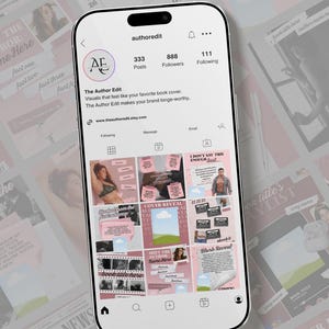 May include: A smartphone displays an Instagram profile for "The Author Edit," showcasing book cover visuals. The profile features a logo, follower count, and a grid of pink and white themed posts promoting book covers and related content.