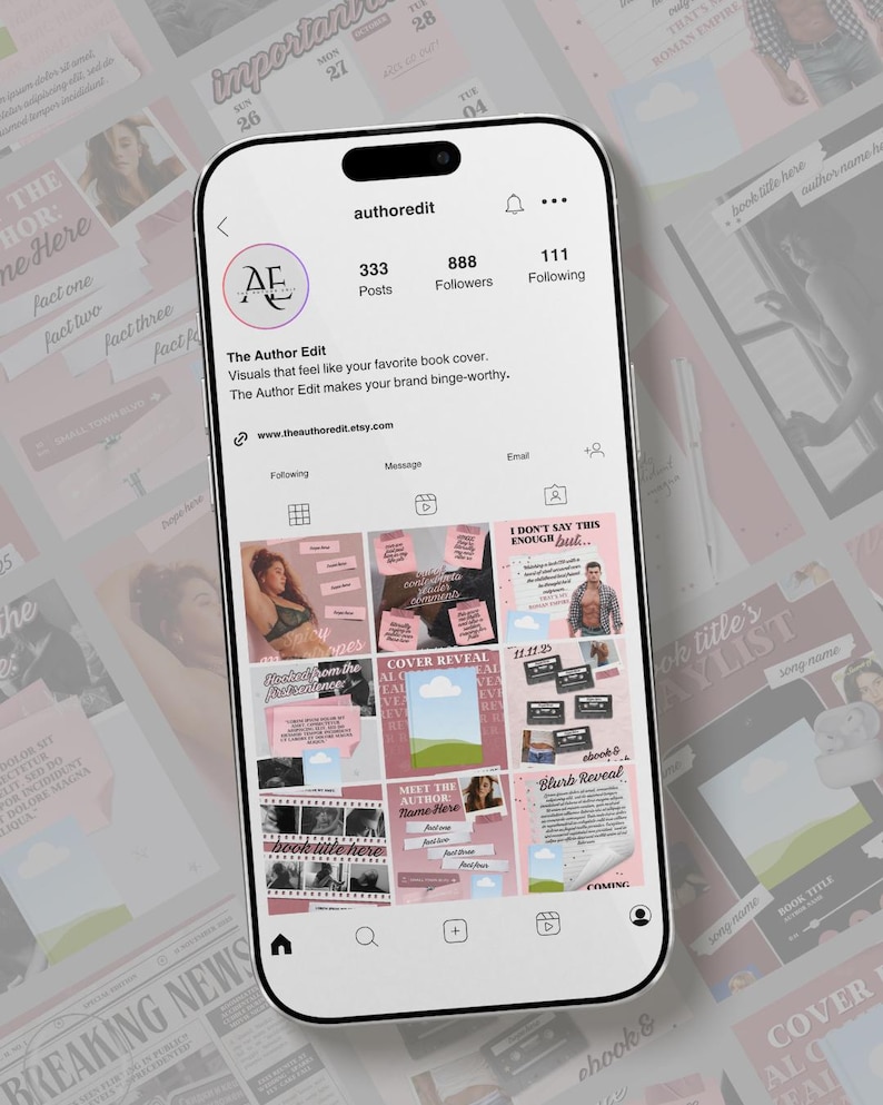 May include: A smartphone displays an Instagram profile for "The Author Edit," showcasing book cover visuals. The profile features a logo, follower count, and a grid of pink and white themed posts promoting book covers and related content.