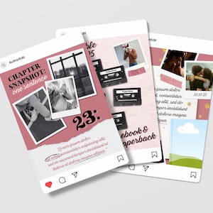 May include: Three social media-style graphics with pink and white elements. Each features photos, text, and Instagram-like icons. One graphic reads "CHAPTER SNAPSHOT: one sentence" with a photo and the number "23". Another shows cassette tapes and the text "ebook & paperback".