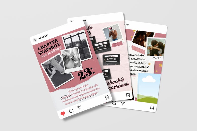 May include: Three social media-style graphics with pink and white elements. Each features photos, text, and Instagram-like icons. One graphic reads "CHAPTER SNAPSHOT: one sentence" with a photo and the number "23". Another shows cassette tapes and the text "ebook & paperback".