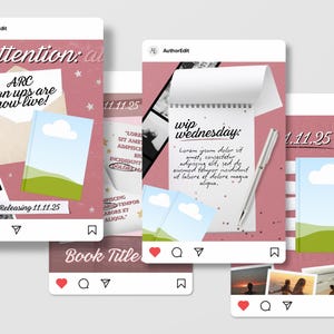 May include: A collection of social media mockups with a pink background. The mockups feature text that says "attention: ARC Sign ups are now live!" and "wip wednesday". Other elements include a notebook, pen, and images of a book cover and landscapes.
