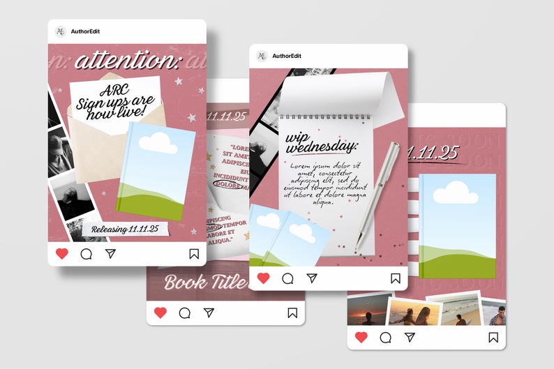 May include: A collection of social media mockups with a pink background. The mockups feature text that says "attention: ARC Sign ups are now live!" and "wip wednesday". Other elements include a notebook, pen, and images of a book cover and landscapes.