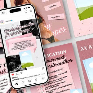 May include: A smartphone displays an Instagram post with the text "Hooked from the first sentence." Surrounding the phone are pink and white graphics with text, including "Juicy Tropes" and "Available Now."