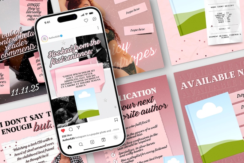 May include: A smartphone displays an Instagram post with the text "Hooked from the first sentence." Surrounding the phone are pink and white graphics with text, including "Juicy Tropes" and "Available Now."