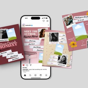 May include: A smartphone displays an Instagram post with a pink and white design. The post includes photos, text, and graphics. Several printed cards with similar designs are arranged around the phone, featuring text like "Man Crush Monday" and "Meet the Author."