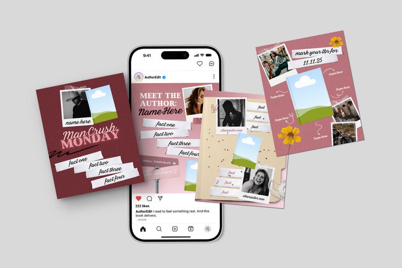 May include: A smartphone displays an Instagram post with a pink and white design. The post includes photos, text, and graphics. Several printed cards with similar designs are arranged around the phone, featuring text like "Man Crush Monday" and "Meet the Author."