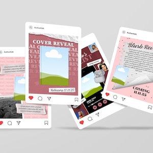 May include: A collection of Instagram-style posts with a pink and white theme. The posts feature text like "Cover Reveal" and "Blurb Reveal", along with images and the date "11.11.25". The posts are designed for book promotion.