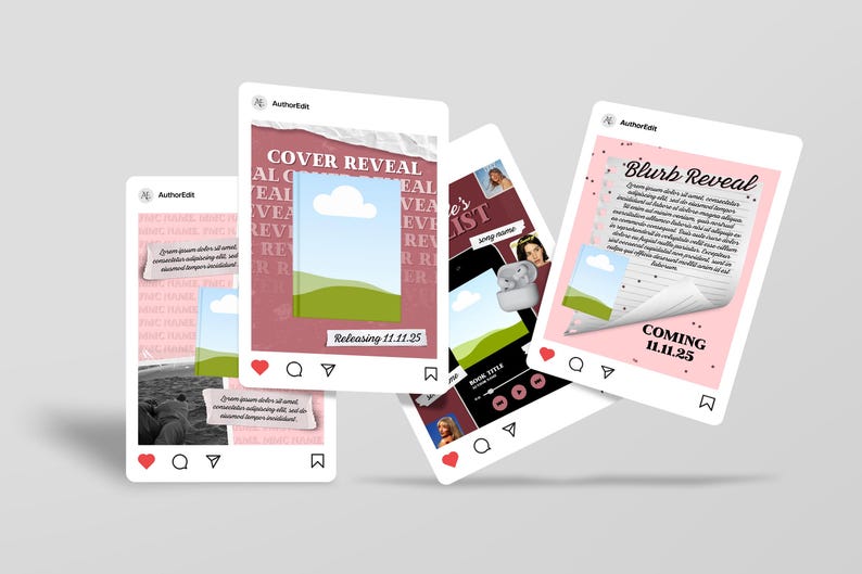 May include: A collection of Instagram-style posts with a pink and white theme. The posts feature text like "Cover Reveal" and "Blurb Reveal", along with images and the date "11.11.25". The posts are designed for book promotion.