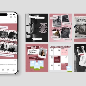May include: A digital collage featuring a smartphone displaying a book cover design with the text "book title here." Additional panels showcase images, text, and a calendar, all in a pink and grayscale color scheme. The design elements suggest a book promotion theme.
