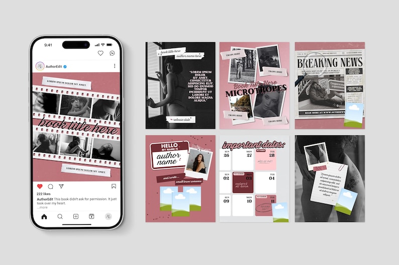 May include: A digital collage featuring a smartphone displaying a book cover design with the text "book title here." Additional panels showcase images, text, and a calendar, all in a pink and grayscale color scheme. The design elements suggest a book promotion theme.