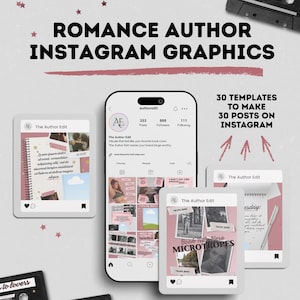 Könnte beinhalten: Werbegrafik für Romanautoren mit Instagram-Post-Vorlagen. Das Design umfasst ein Telefon, das ein Instagram-Profil anzeigt, Mock-up-Posts und Kassetten. Der Text enthält "Romance Author Instagram Graphics".