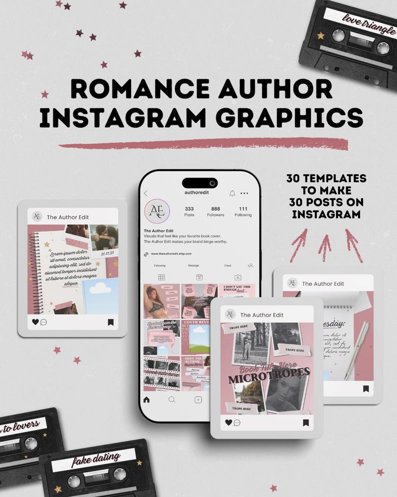 May include: A promotional graphic for romance authors, featuring Instagram post templates. The design includes a phone displaying an Instagram profile, mock-up posts, and cassette tapes. Text includes "Romance Author Instagram Graphics".
