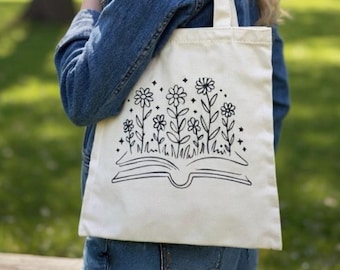 Book and Flowers Tote Bag – Aesthetic Book Lover Gift, Cute Literary Tote, Floral Reading Bag for Readers