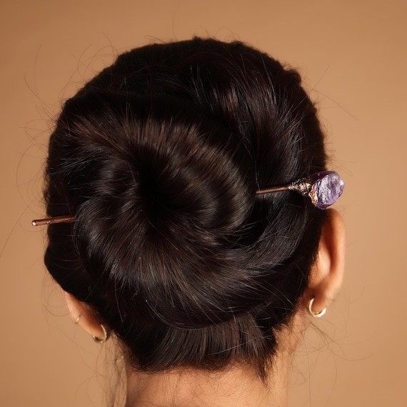 Rough Amethyst Gemstone Electroformed Copper Hair Pin Jewelry For Women