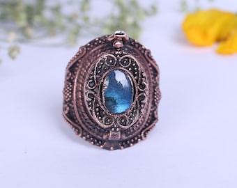 Labradorite Gemstone Electroformed Copper JewelryRing Adjustable Vintage Style Jewelry
