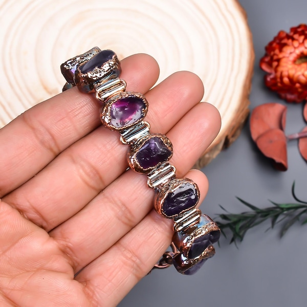 Pulsera de amatista natural, joyería étnica de cobre electroformado, accesorio hecho a mano para mujer