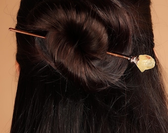 Natural Citrine Hair Pin, Rough Citrine Gemstone Hair Stick, Electroformed Copper Hair Jewelry, Crystal Hair Accessory, Boho Gift