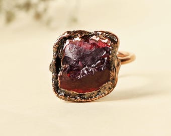 Natural Rough Garnet Gemstone Electroformed Copper Jewelry Ring Adjustable Size