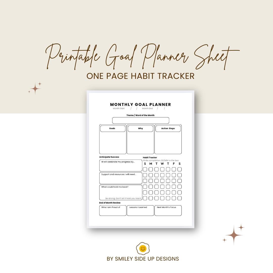 Printable Goal Planner Sheet | One Page Habit Tracker, Monthly ...