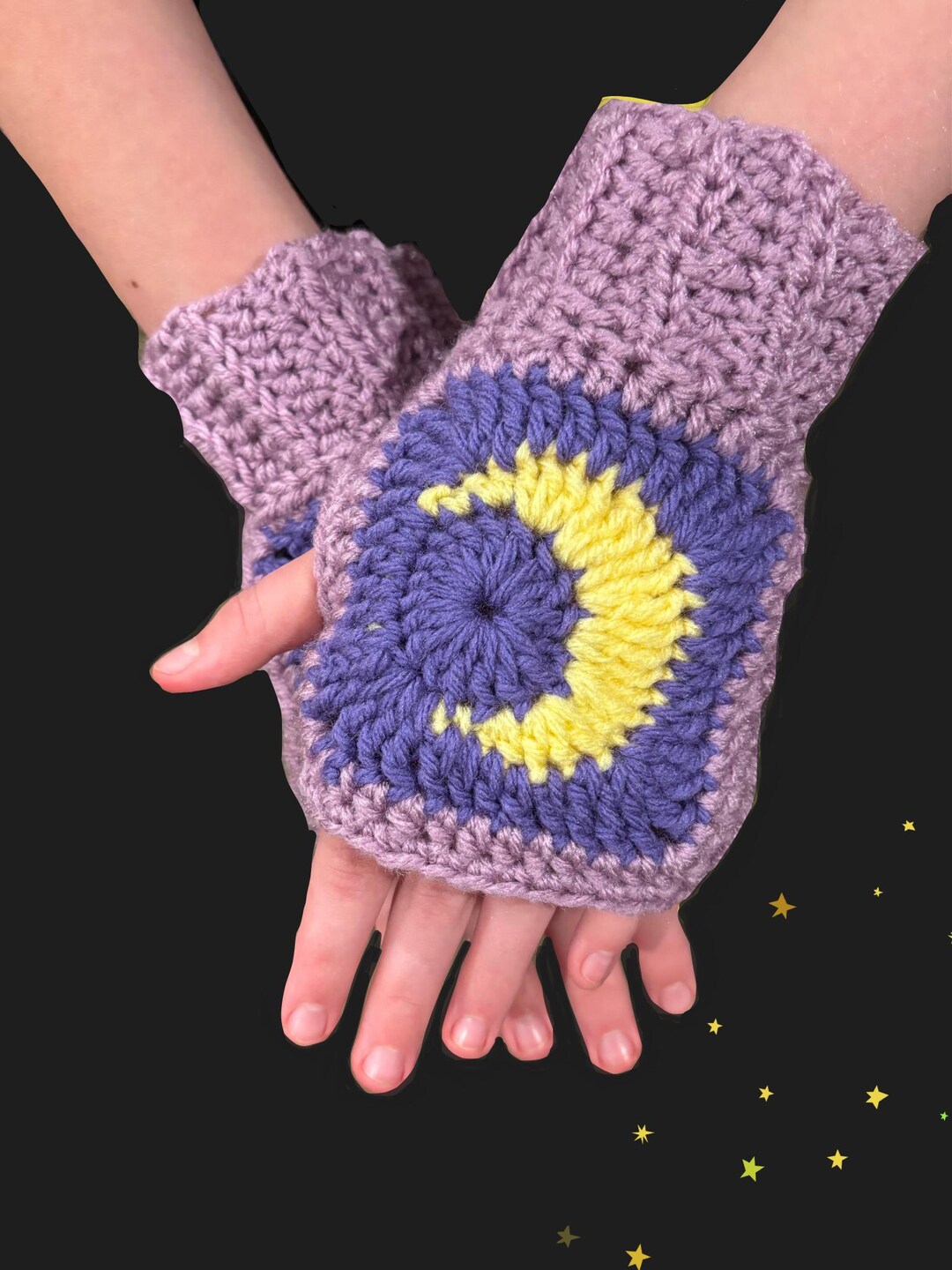 Celestial Fingerless Crochet Gloves // Moon and Purple Whimsical Etsy