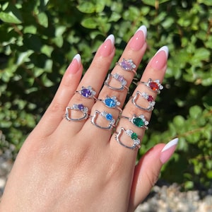 May include: A collection of silver rings featuring a cat face design with colorful gemstone accents. The rings showcase various colors, including purple, blue, red, and green, set against a backdrop of green foliage.
